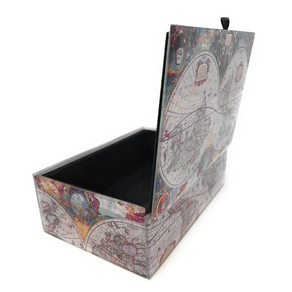 Beveled Glass Keepsake Box, Antique Old World Map - Jewelry Trinkets, Lined - Picture 6 of 9